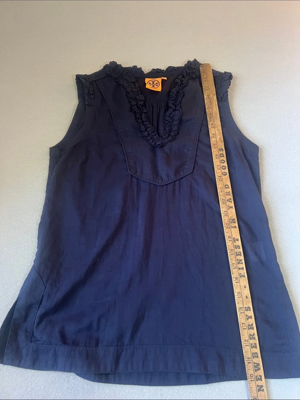 Preppy Boho Coastal Ruffle Sleeveless Cotton Navy Blue shirt by Tory Burch